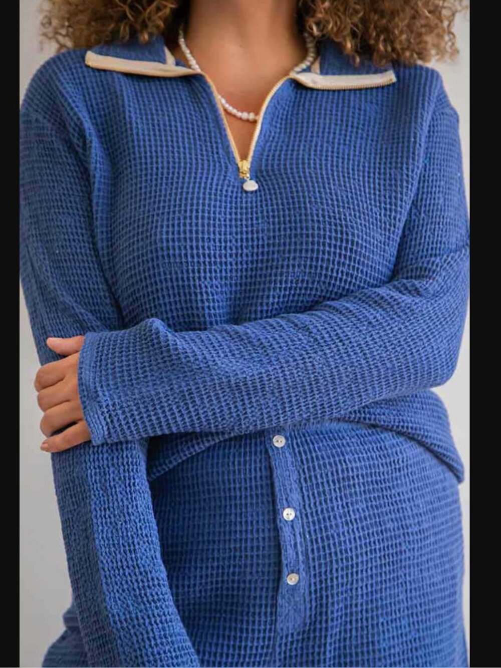 DONNI Waffle half zip pullover in indigo Size:L
